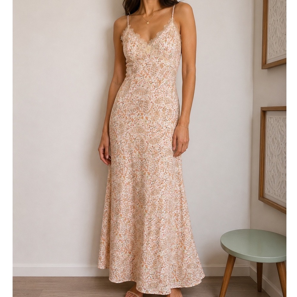 LOFT Size 0 Floral Lace Trim Slip Maxi Dress Cottagecore Boho Romantic Y2K